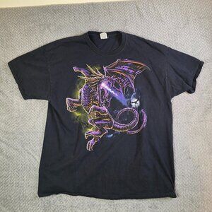Vintage Dragon Graphic T-Shirt Black 2XL Purple Fantasy Tee Fruit of the Loom He